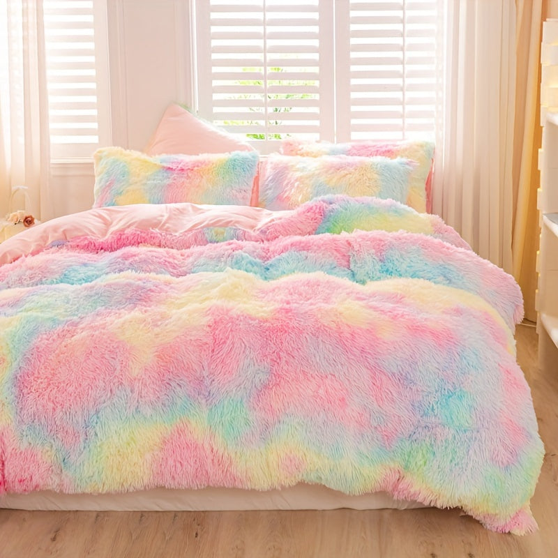 3pcs Y2K Tie Dye Plush Duvet Cover Set ( 1 Duvet Cover + 2 Pillowcase), Soft & Warm Bedding Set