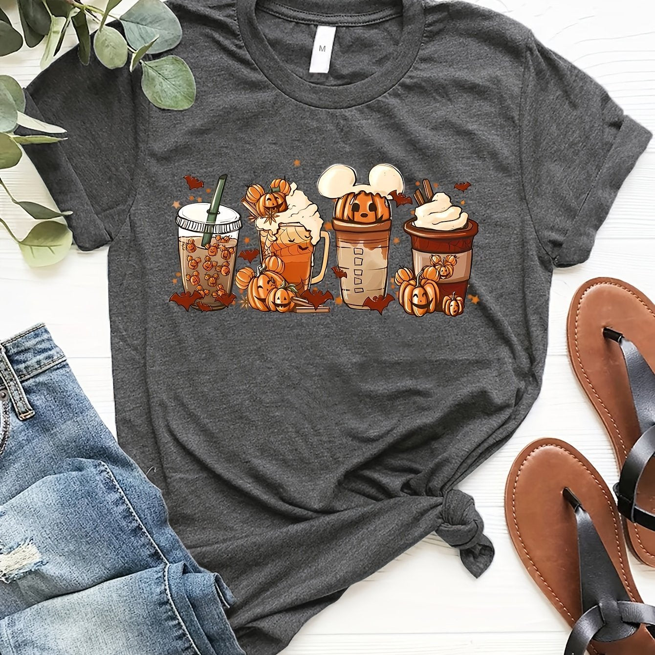 Halloween Drinking Print Summer T-shirt, Casual Short Sleeve Crew Neck Tee, Women's Clothing