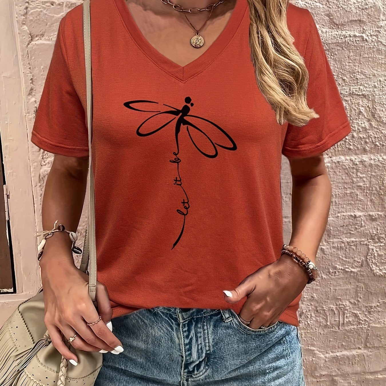 Stylish Dragonfly & Letter Print V Neck Short Sleeve T-shirt - Soft Micro Elasticity Polyester Fabric, Loose Fit, Anime Pattern, Pullover Style - Perfect for Spring, Summer, and Fall Casual Wear
