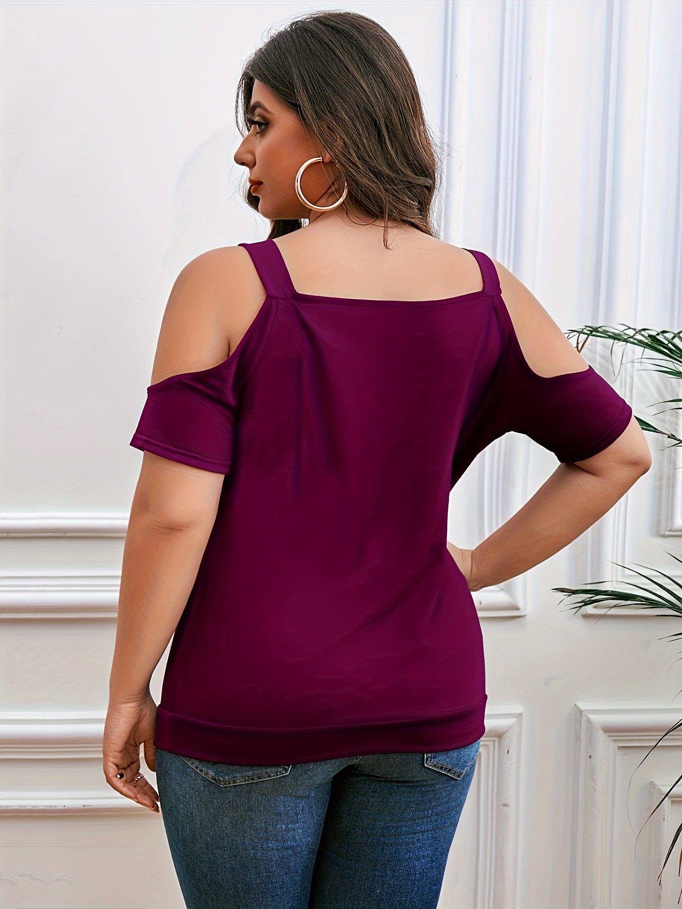 Plus Size Elegant T-shirt - Flattering Fit, Trendy Cold Shoulder, Exquisite Lace Trim, Chic Cowl Neck, Ruched Details for a Slimming Effect - Designed for Women