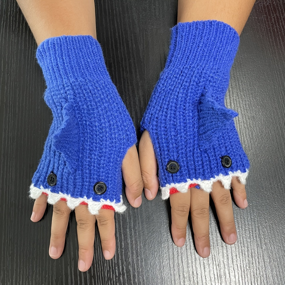 1pair Funny Handmade Shark Gloves - Wool Winter Warm Half-finger Gloves for Christmas Gifts