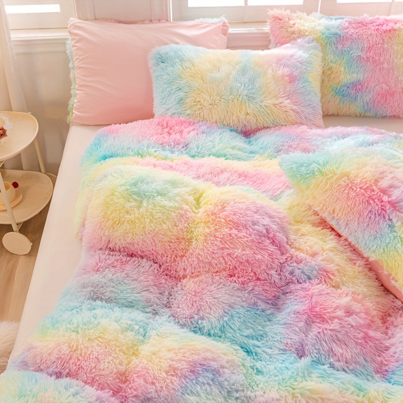 3pcs Y2K Tie Dye Plush Duvet Cover Set ( 1 Duvet Cover + 2 Pillowcase), Soft & Warm Bedding Set