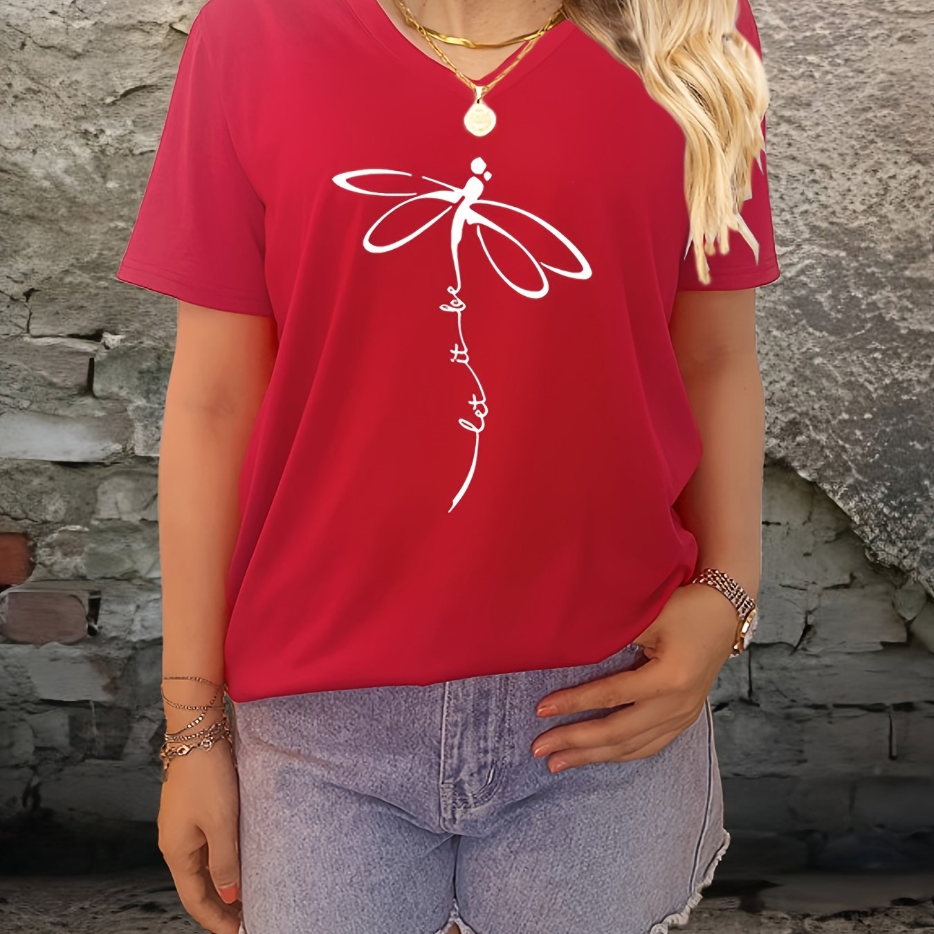Stylish Dragonfly & Letter Print V Neck Short Sleeve T-shirt - Soft Micro Elasticity Polyester Fabric, Loose Fit, Anime Pattern, Pullover Style - Perfect for Spring, Summer, and Fall Casual Wear