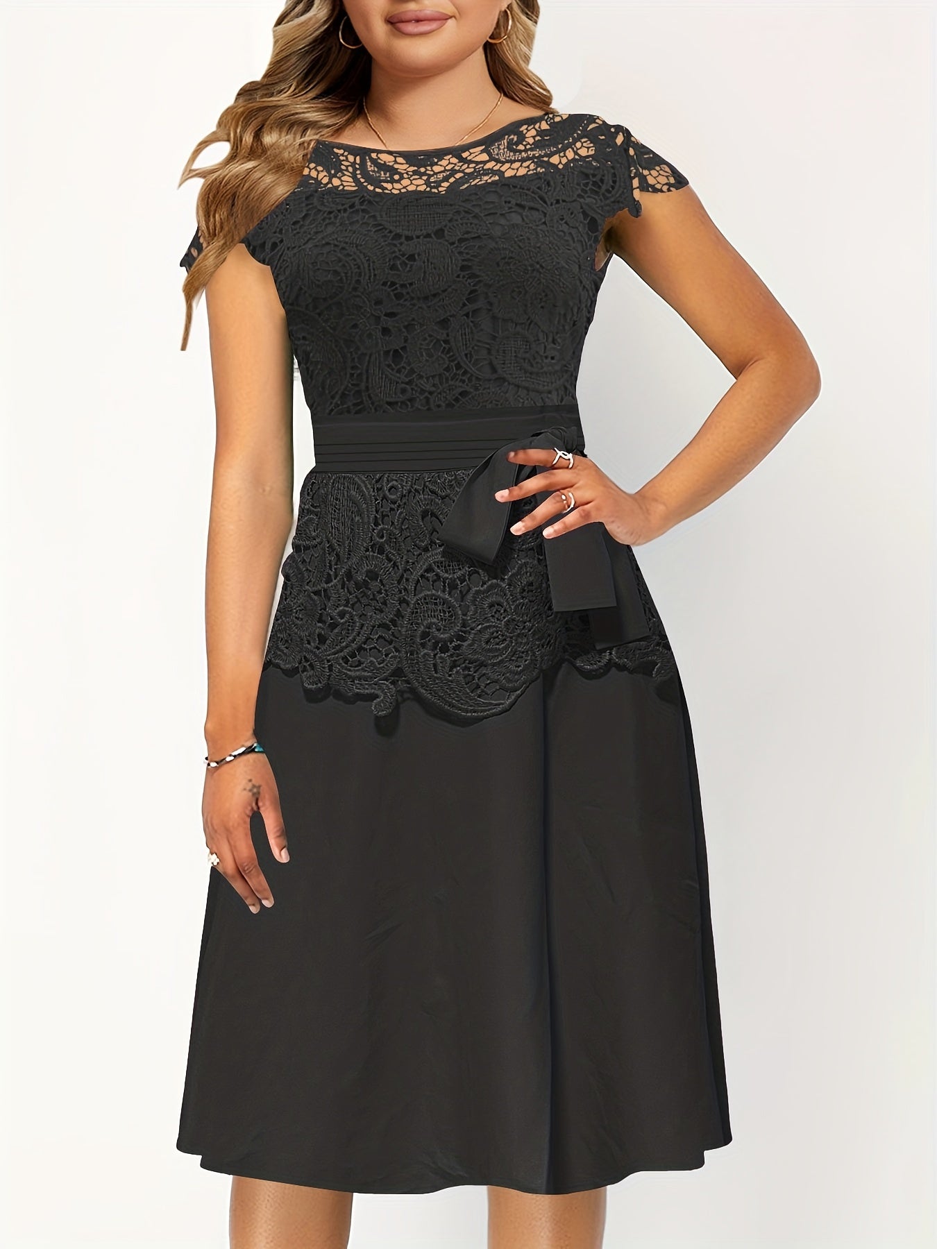 Women's Elegant Contrast Lace Panel A-Line Dress - Round Neck Short Sleeve Flared Skirt, Machine Washable Solid Black for Spring/Fall Casual & Formal Occasions, Spring Fall Attire, Sophisticated Tailoring