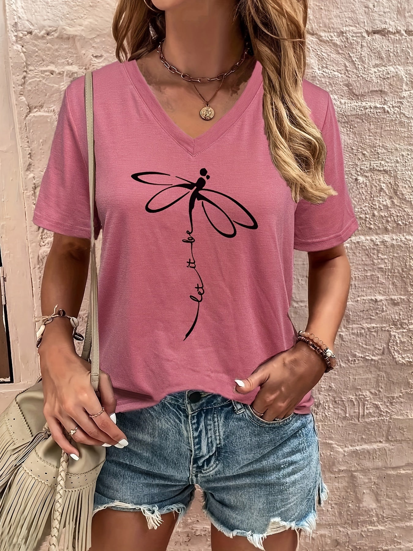 Stylish Dragonfly & Letter Print V Neck Short Sleeve T-shirt - Soft Micro Elasticity Polyester Fabric, Loose Fit, Anime Pattern, Pullover Style - Perfect for Spring, Summer, and Fall Casual Wear