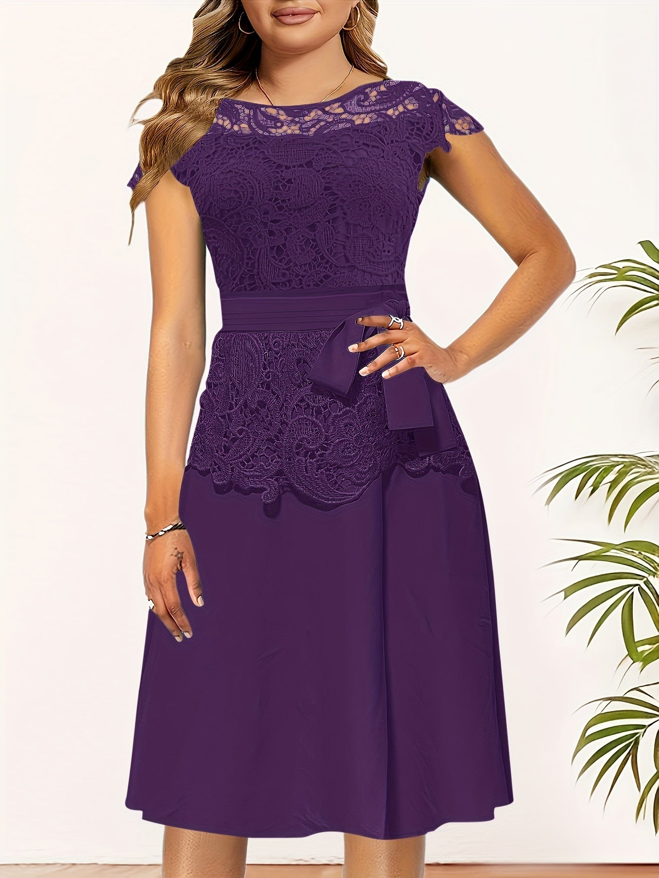 Women's Elegant Contrast Lace Panel A-Line Dress - Round Neck Short Sleeve Flared Skirt, Machine Washable Solid Black for Spring/Fall Casual & Formal Occasions, Spring Fall Attire, Sophisticated Tailoring