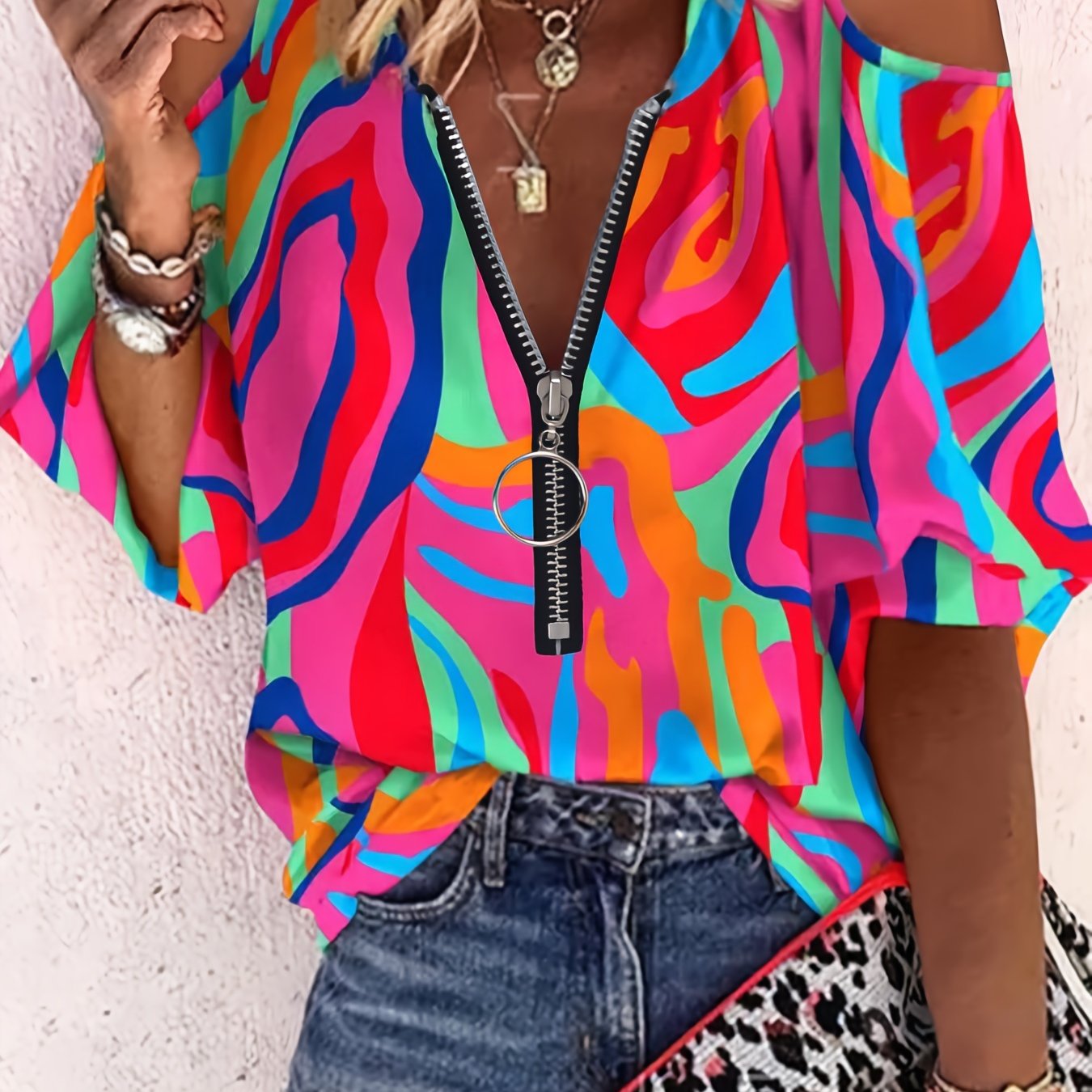 Colorful Geometric Print Casual T-Shirt - Easy Care, Micro-Elastic, Quarter-Zip Neck with Cold Shoulder, All-Season Comfort
