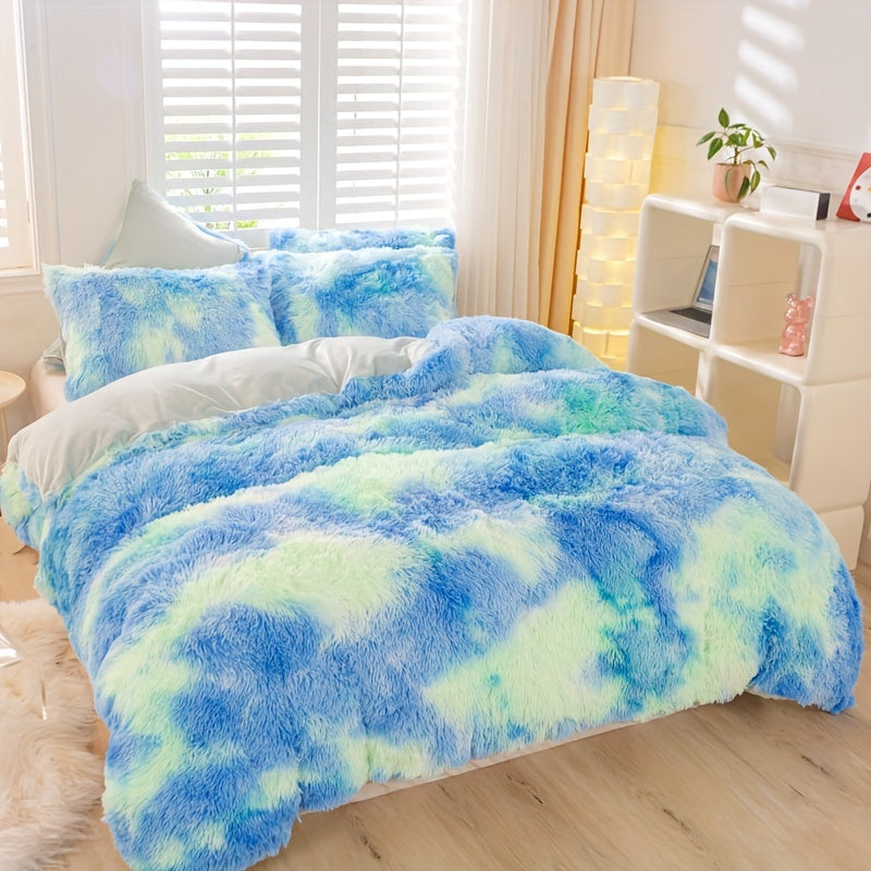 3pcs Y2K Tie Dye Plush Duvet Cover Set ( 1 Duvet Cover + 2 Pillowcase), Soft & Warm Bedding Set