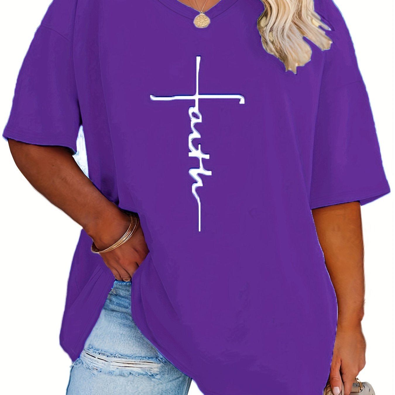 Plus Size Womens V Neck Casual T-shirt - Soft Slight Stretch Polyester Fabric, Alphabets Letter Print, Short Sleeve, Machine Washable - Perfect for Summer