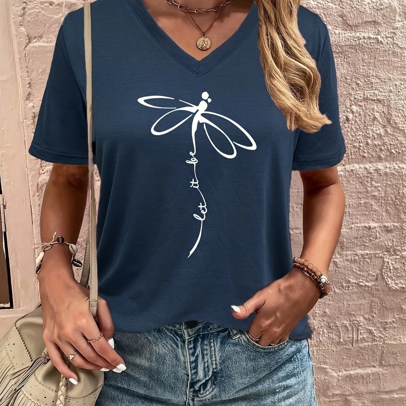 Stylish Dragonfly & Letter Print V Neck Short Sleeve T-shirt - Soft Micro Elasticity Polyester Fabric, Loose Fit, Anime Pattern, Pullover Style - Perfect for Spring, Summer, and Fall Casual Wear
