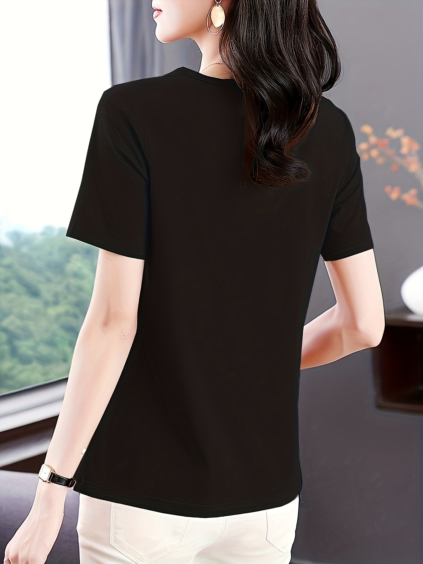 Versatile Crew Neck Solid Color Short Sleeve T-shirt - Soft Polyester Fabric, Classic Casual Style, Regular Length, No Elasticity, No Printing, Suitable for All Seasons - Womens Essential Wardrobe Staple
