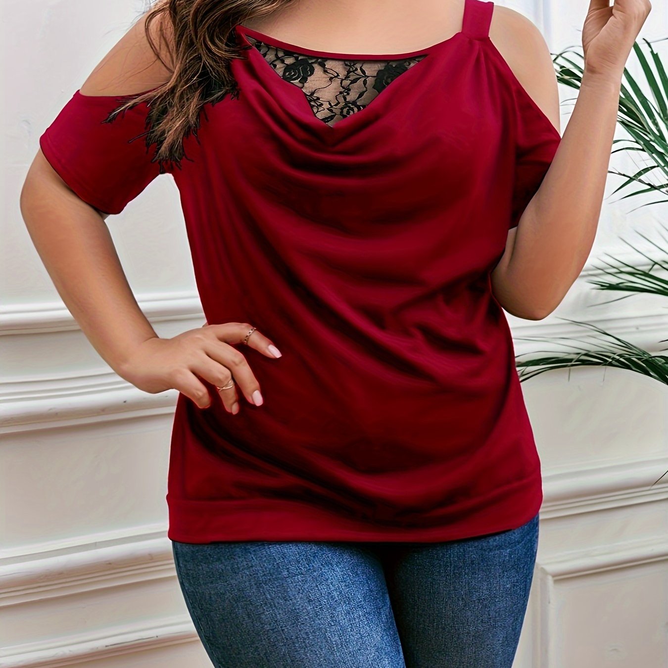 Plus Size Elegant T-shirt - Flattering Fit, Trendy Cold Shoulder, Exquisite Lace Trim, Chic Cowl Neck, Ruched Details for a Slimming Effect - Designed for Women