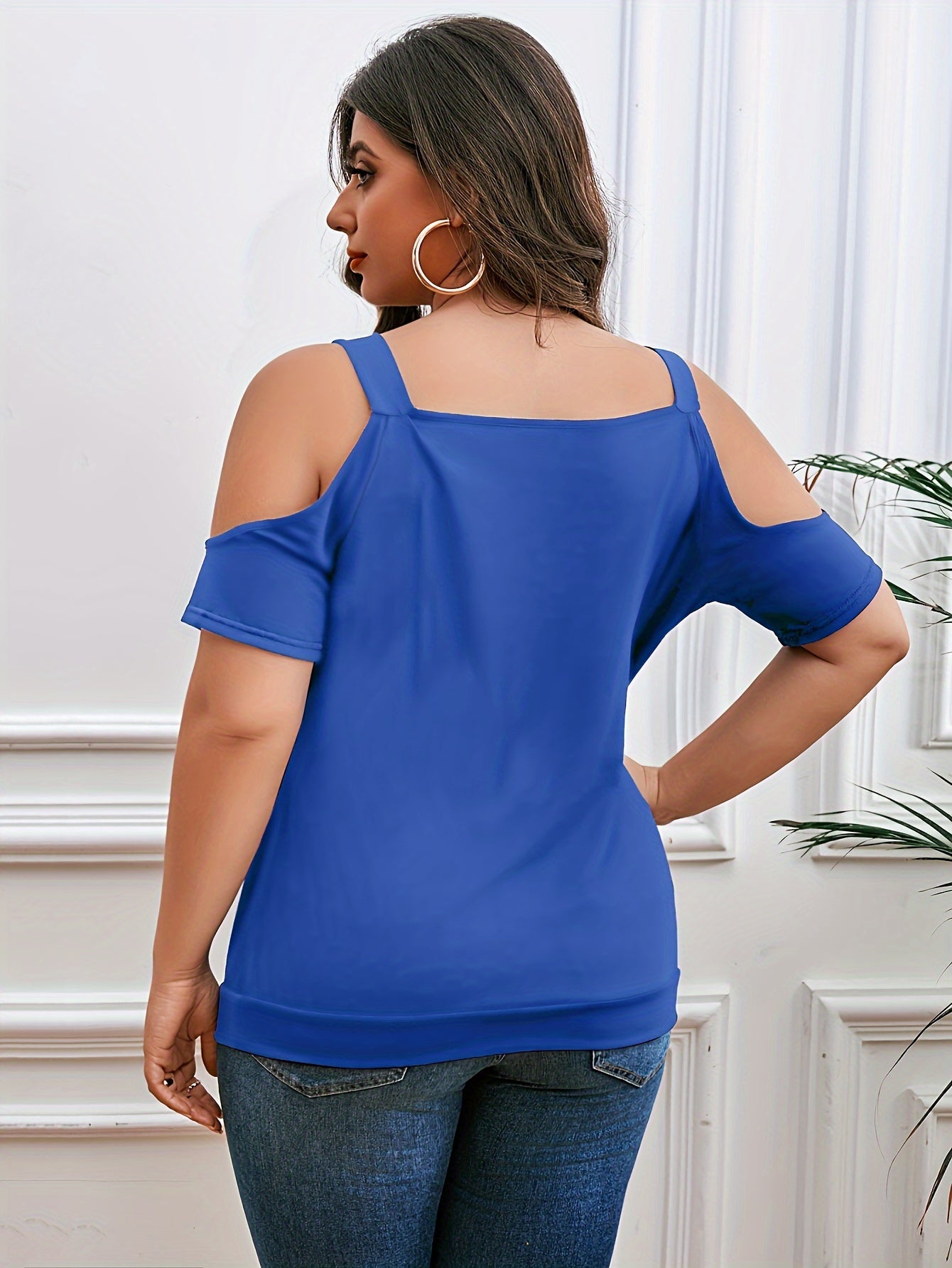 Plus Size Elegant T-shirt - Flattering Fit, Trendy Cold Shoulder, Exquisite Lace Trim, Chic Cowl Neck, Ruched Details for a Slimming Effect - Designed for Women