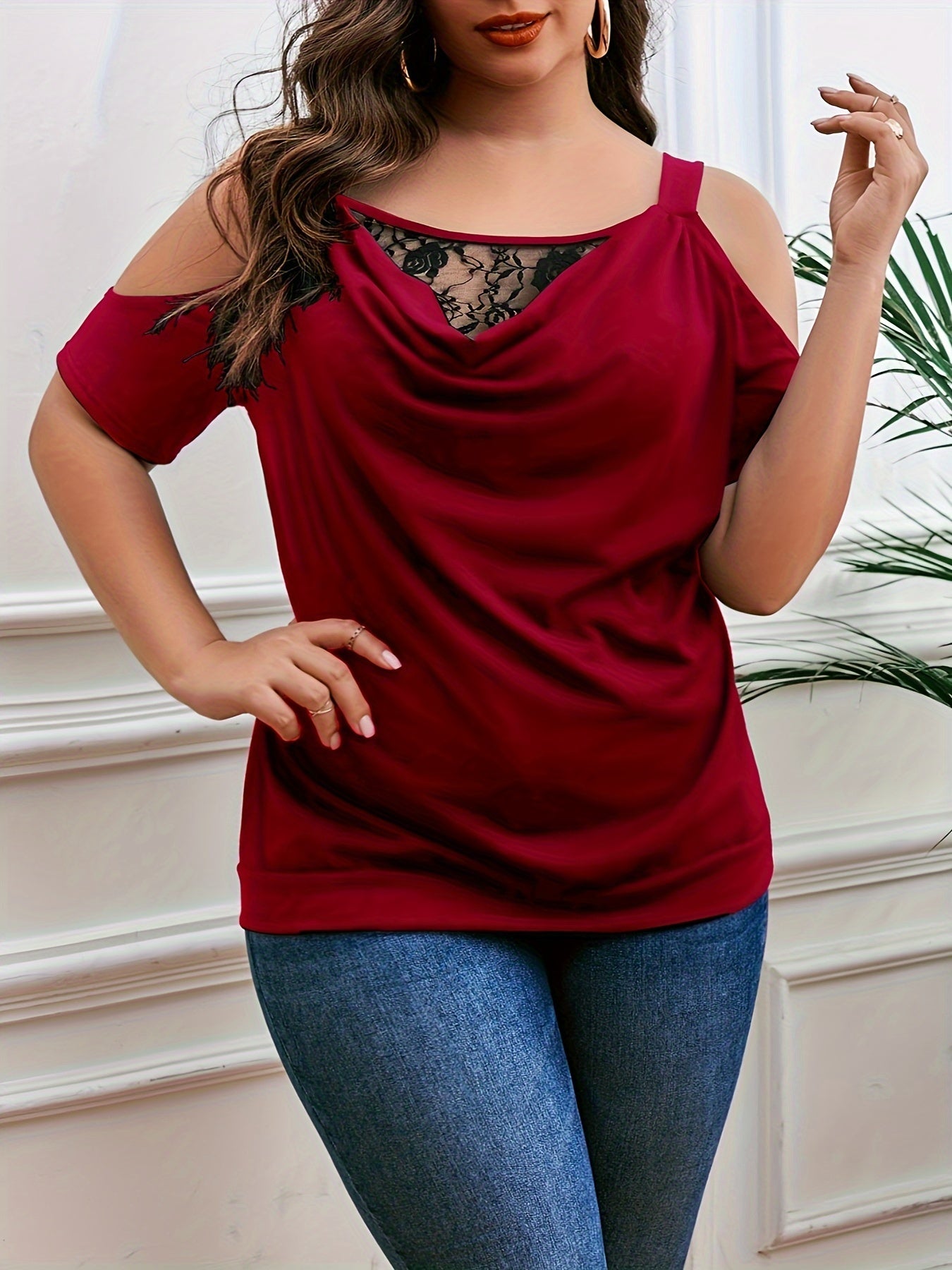 Plus Size Elegant T-shirt - Flattering Fit, Trendy Cold Shoulder, Exquisite Lace Trim, Chic Cowl Neck, Ruched Details for a Slimming Effect - Designed for Women
