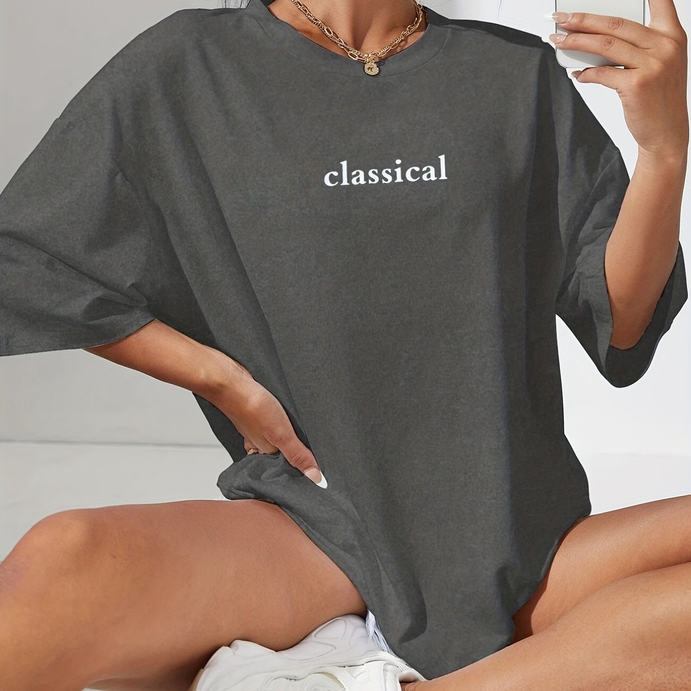 Classical Print Oversized T-Shirt, Crew Neck Casual Top For Summer & Spring, Women's Clothing