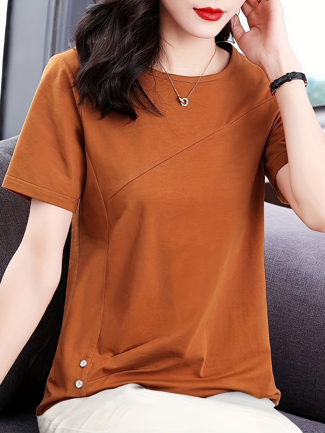 Versatile Crew Neck Solid Color Short Sleeve T-shirt - Soft Polyester Fabric, Classic Casual Style, Regular Length, No Elasticity, No Printing, Suitable for All Seasons - Womens Essential Wardrobe Staple