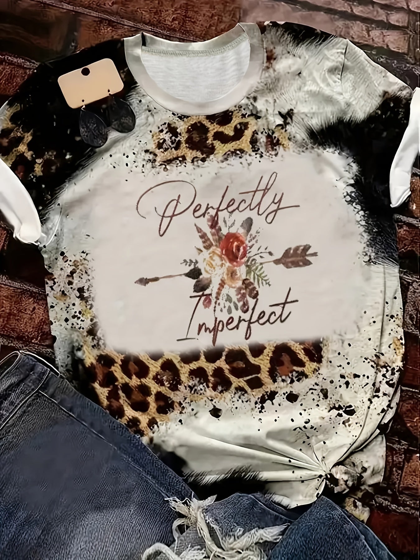Flower & Arrow Print T-shirt, Casual Crew Neck Short Sleeve Leopard T-shirt, Women's Clothing