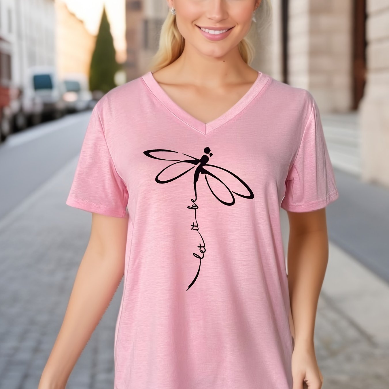 Stylish Dragonfly & Letter Print V Neck Short Sleeve T-shirt - Soft Micro Elasticity Polyester Fabric, Loose Fit, Anime Pattern, Pullover Style - Perfect for Spring, Summer, and Fall Casual Wear