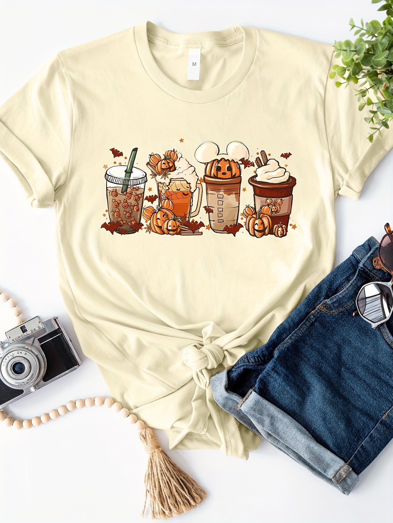 Halloween Drinking Print Summer T-shirt, Casual Short Sleeve Crew Neck Tee, Women's Clothing