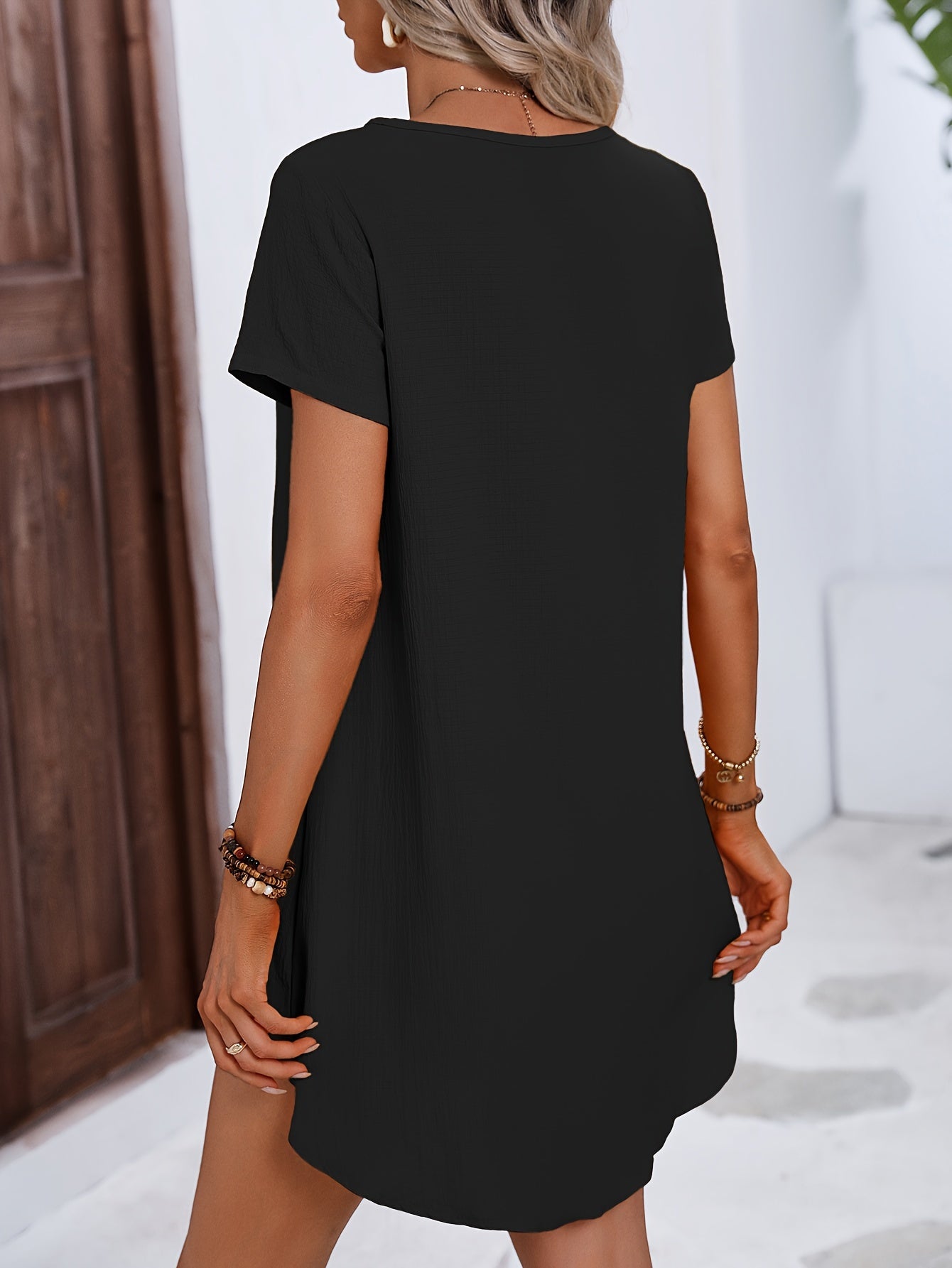 Two-piece Short Sleeve Set, Solid Casual Asymmetrical Hem T-shirt & Long Length Elastic Waist Shorts Outfits for Women