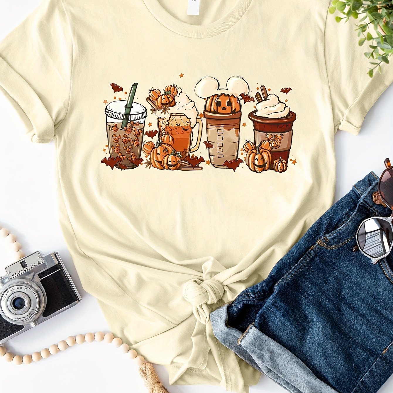 Halloween Drinking Print Summer T-shirt, Casual Short Sleeve Crew Neck Tee, Women's Clothing