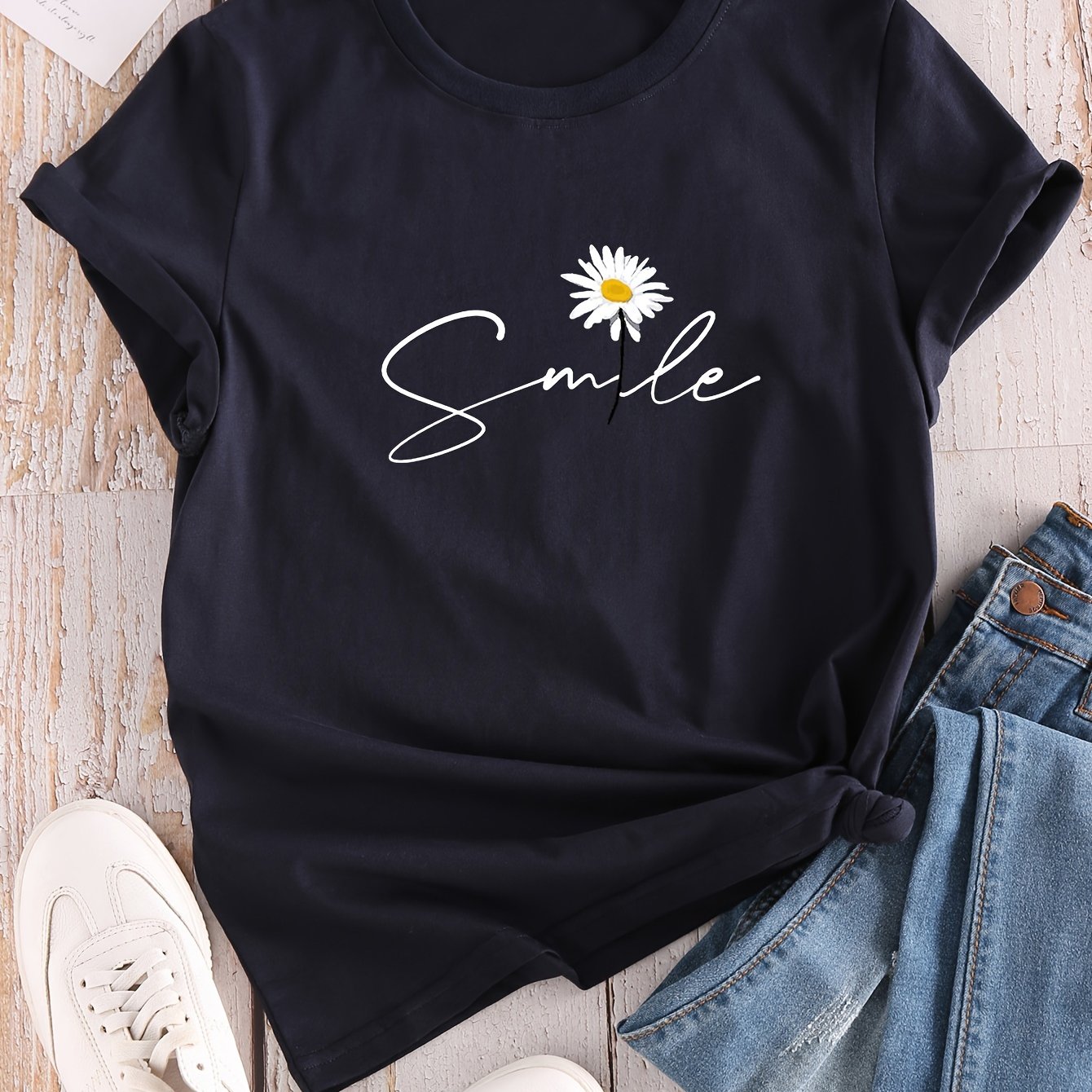 Vibrant Flower & Letter Print Crew Neck T-Shirt - Relaxed Fit, Short Sleeve, Classic Style - Perfect for Spring and Summer, Womens Casual Clothing