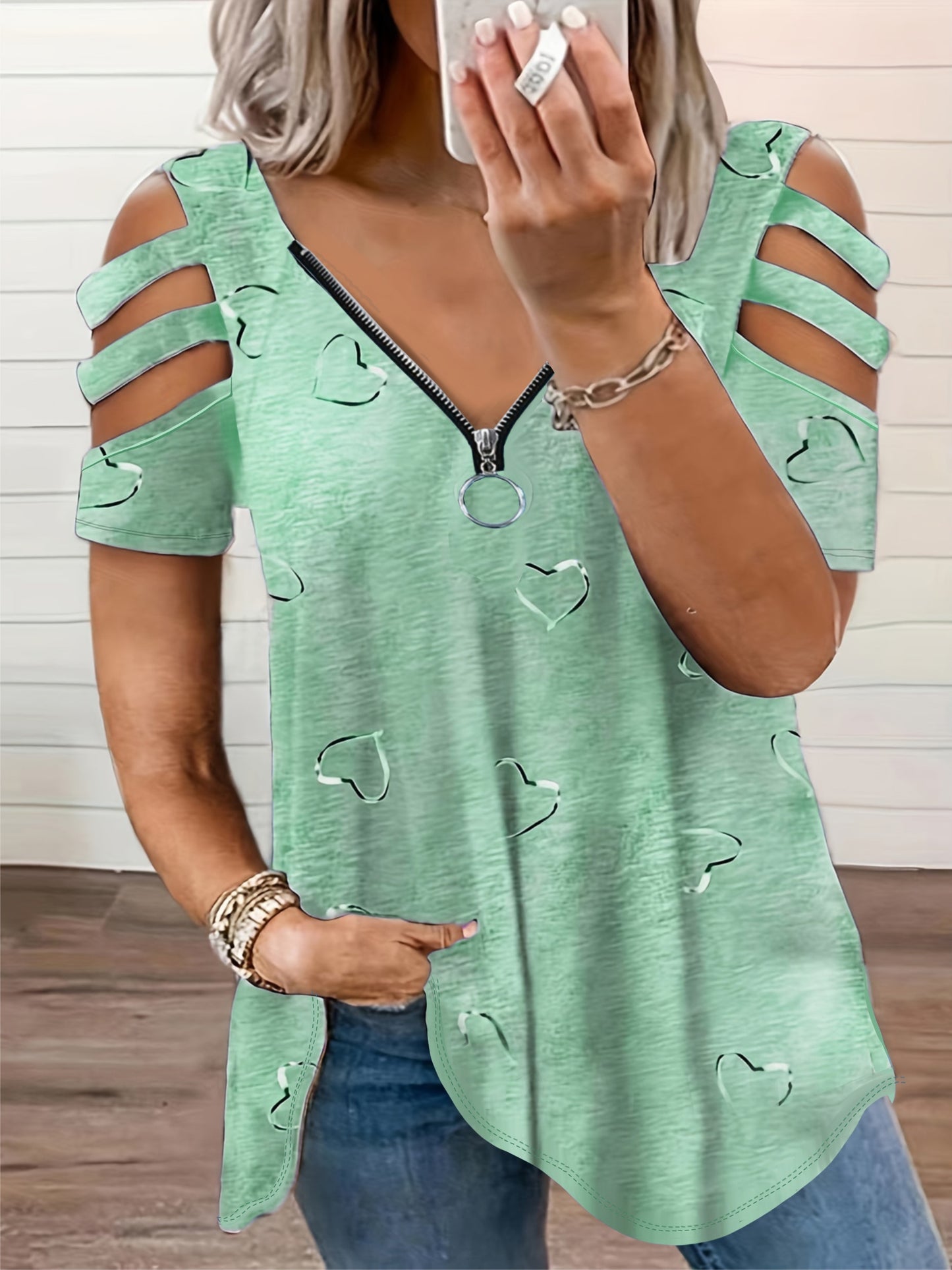 Women's Casual V-Neck Zip-Up T-Shirt with Unique Asymmetrical Geometric Print, Short Sleeves - Lightweight Polyester Blend, Perfect for Spring/Summer/Fall, Autumn Casualwear | Vneck Top | Smooth Fabric