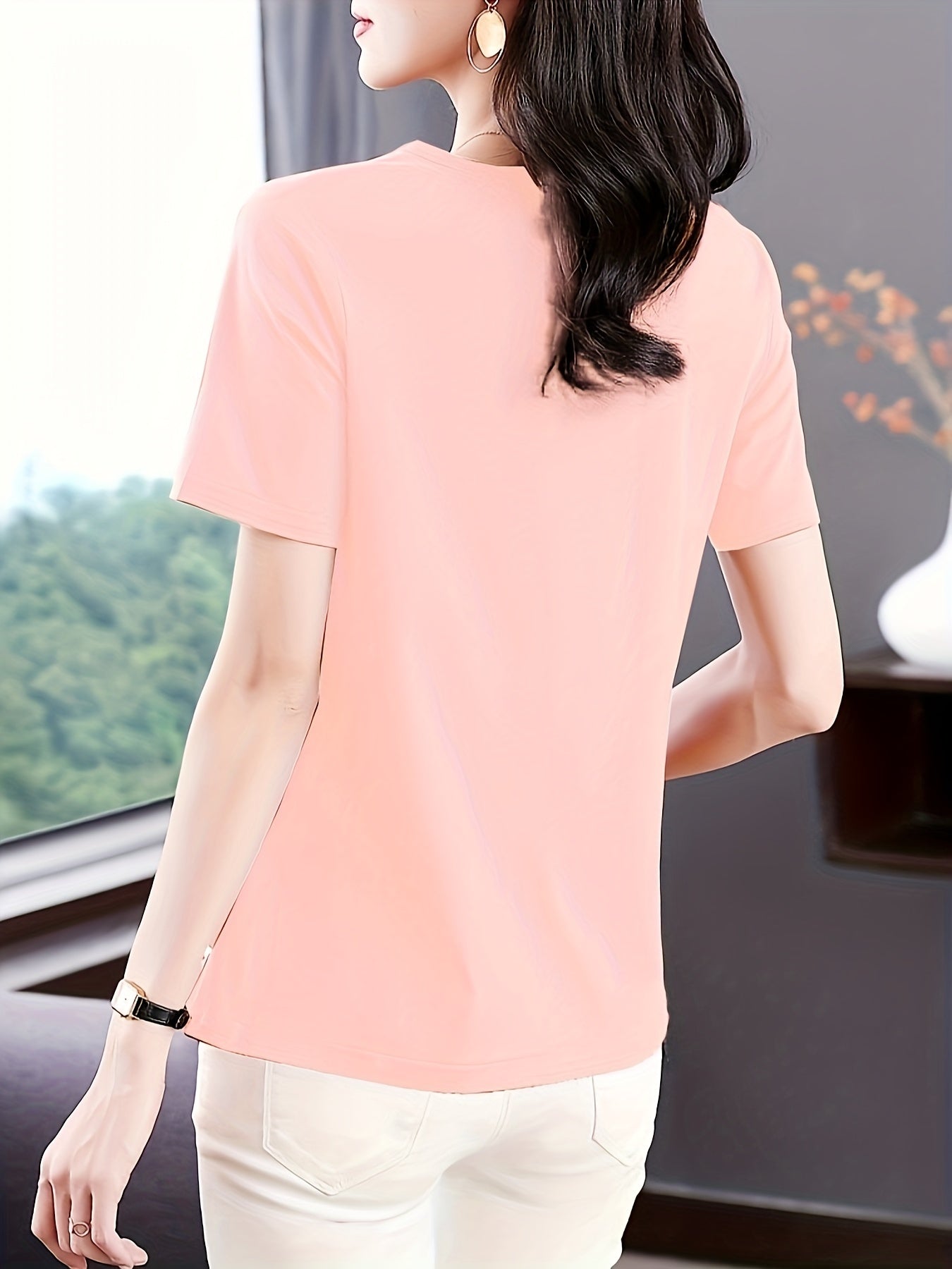 Versatile Crew Neck Solid Color Short Sleeve T-shirt - Soft Polyester Fabric, Classic Casual Style, Regular Length, No Elasticity, No Printing, Suitable for All Seasons - Womens Essential Wardrobe Staple