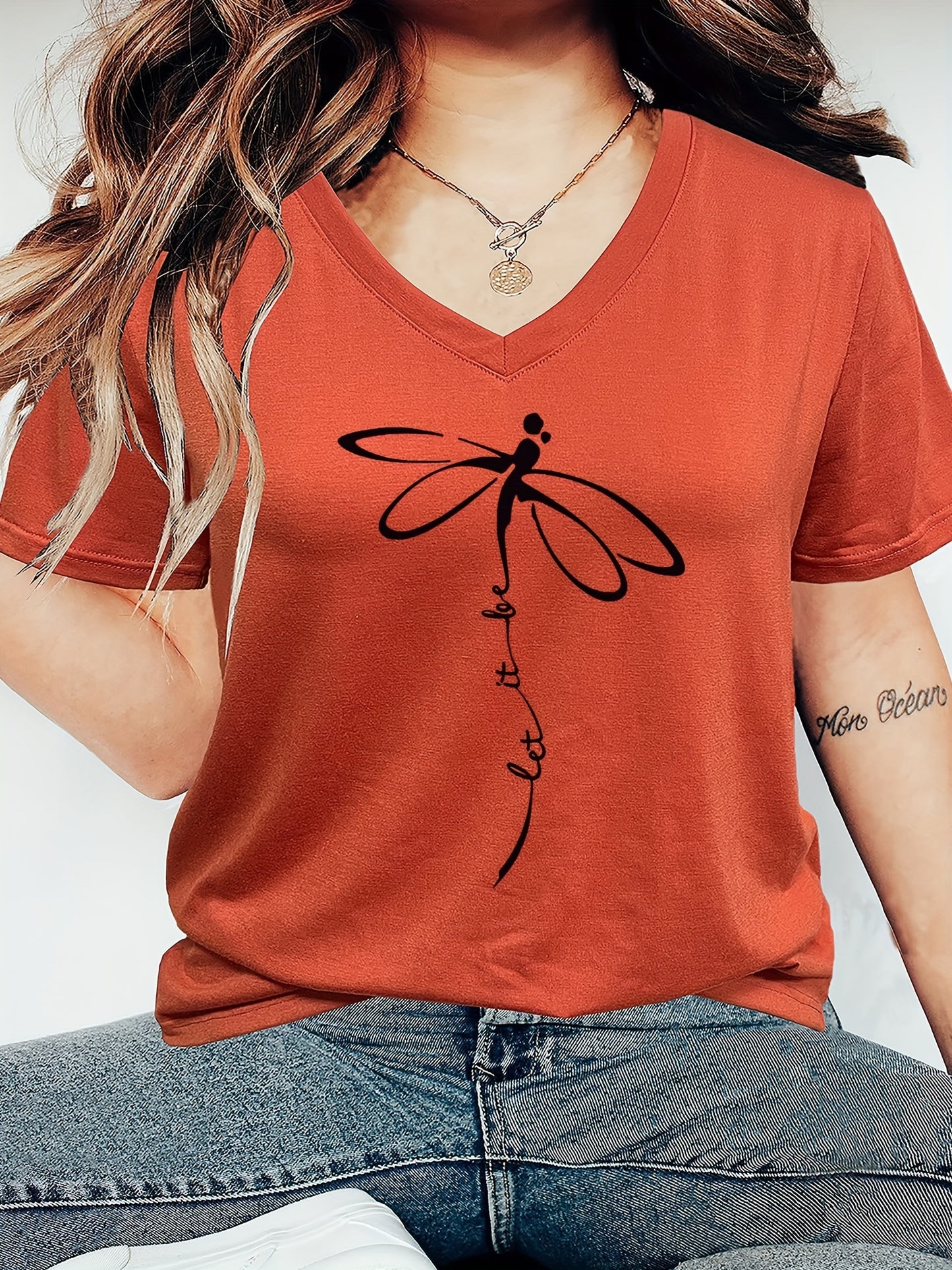 Plus Size Women's Relaxed Fit Graphic Print Short Sleeve V Neck T-Shirt with Slight Stretch for Comfortable Casual Wear