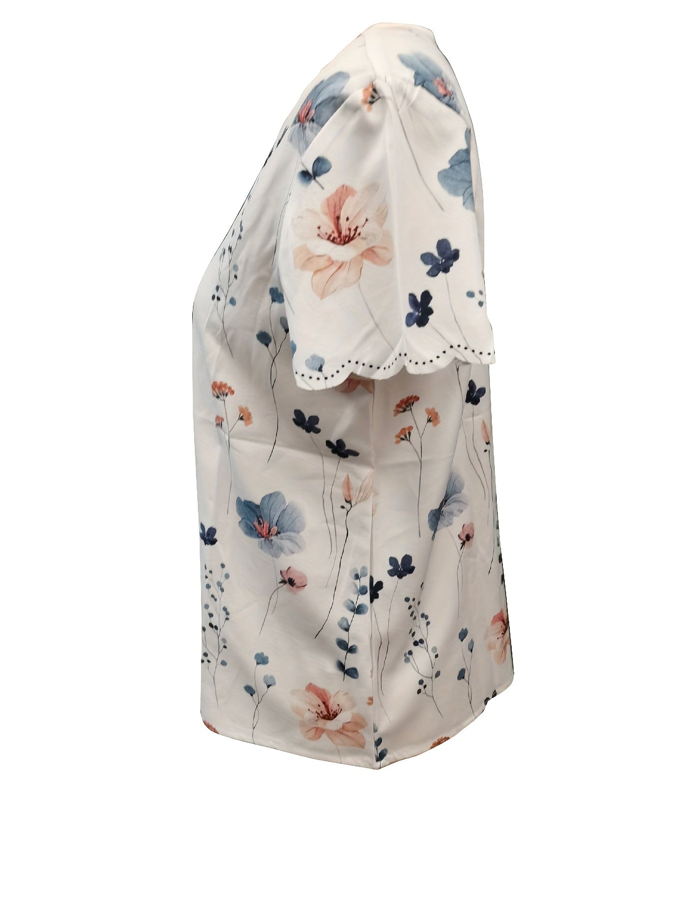 Vibrant Floral Print Scallop Trim T-Shirt - Relaxed Casual Fit, Flattering V Neck, Short Sleeves for Warm Weather Comfort - Perfect for Spring and Summer Seasons, Womens Everyday Wear