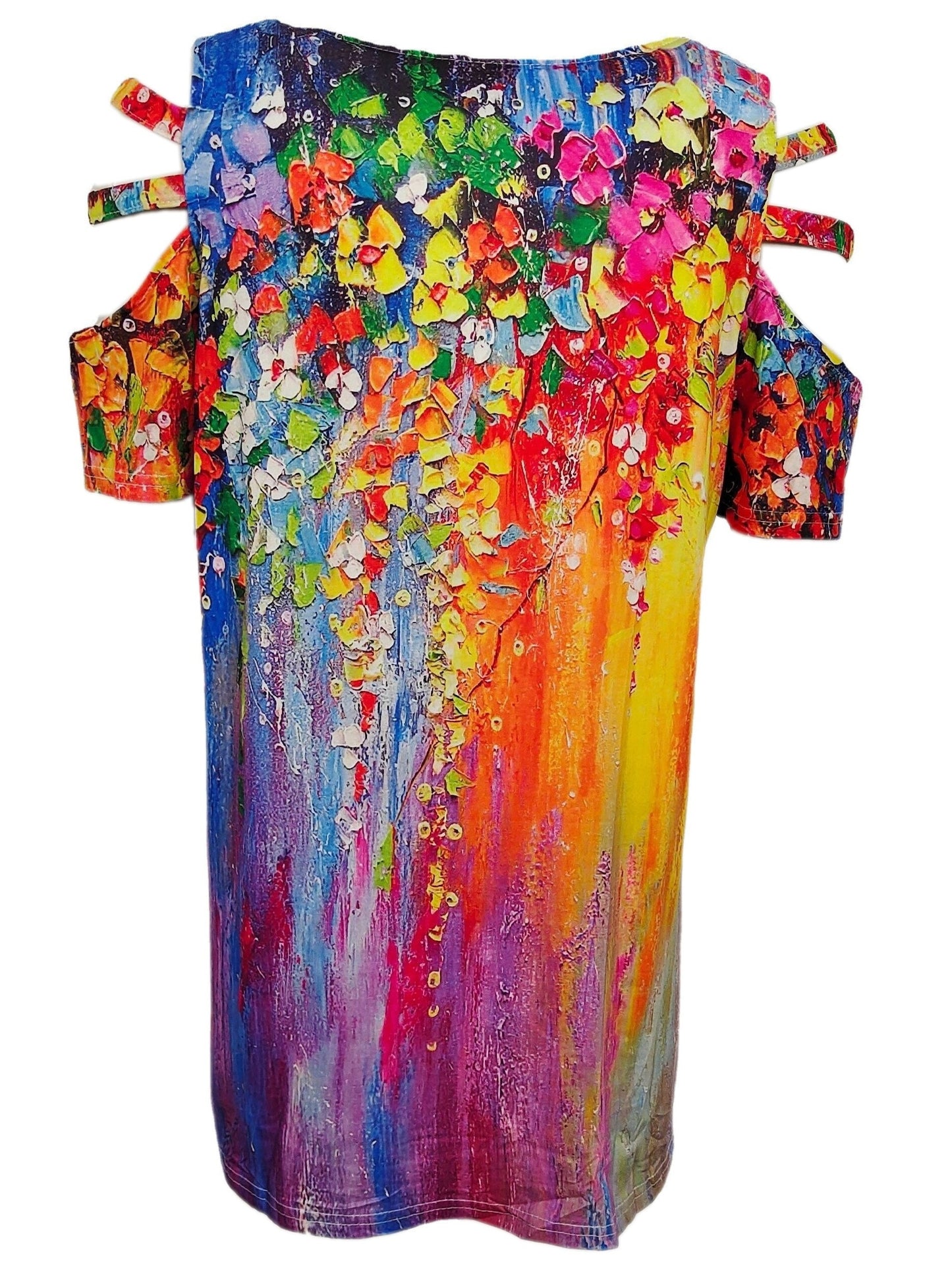 Cut Out Sleeve Colorful Print T-shirt, Casual Zipper Front Summer T-shirt, Women's Clothing