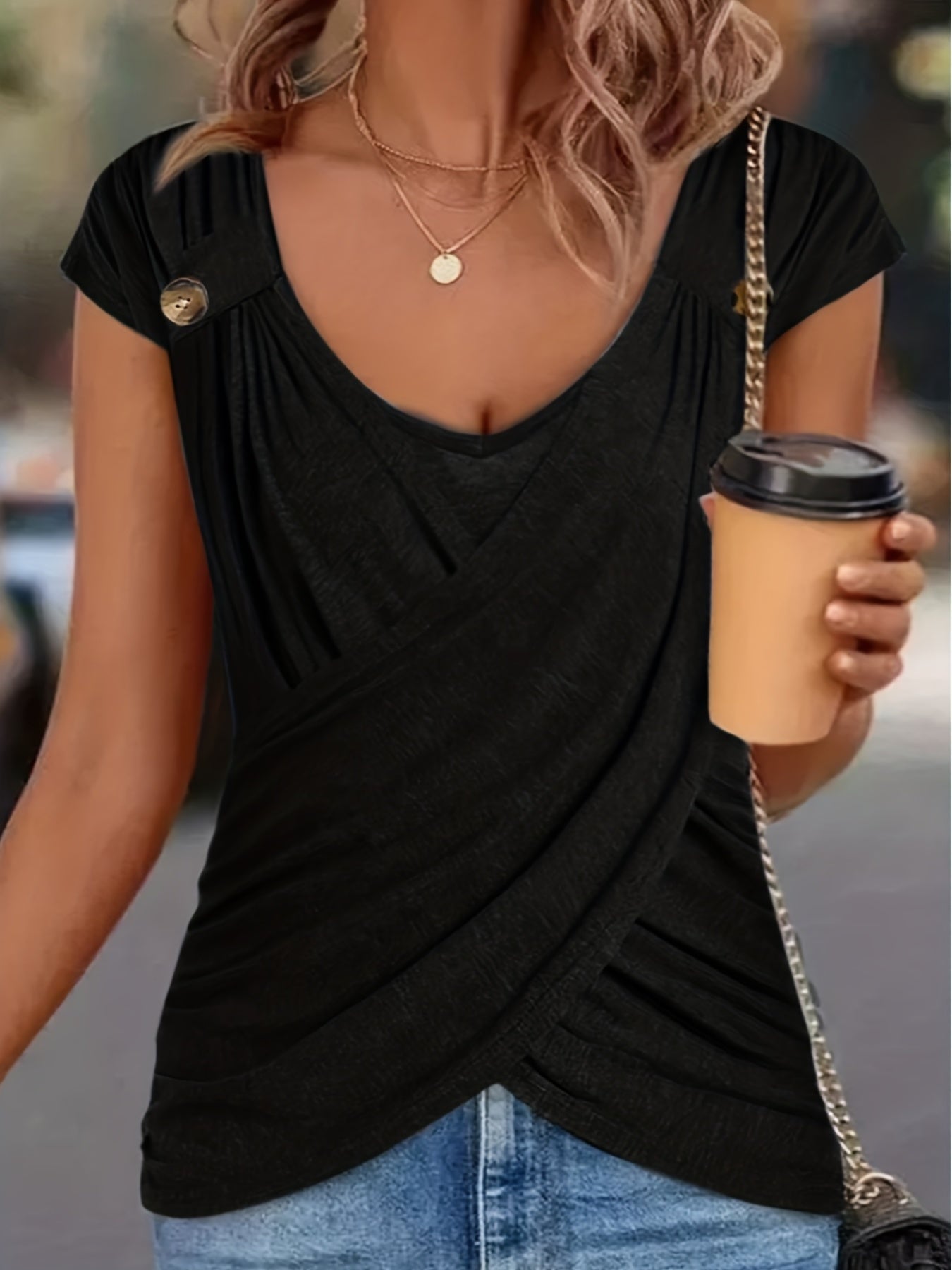 Ruched Button Decor Crew Neck T-Shirt, Casual Short Sleeve Top For Spring & Summer, Women's Clothing