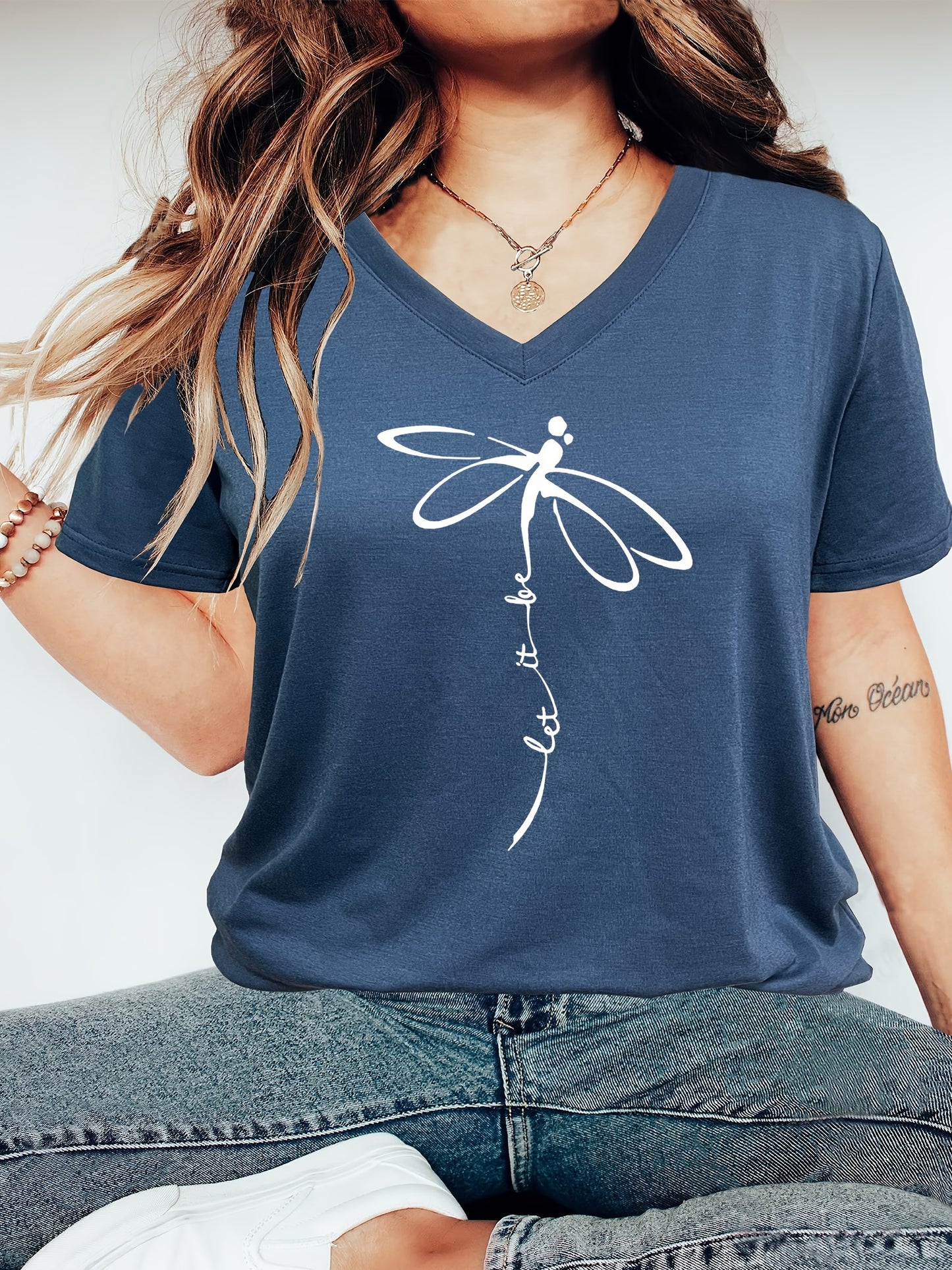 Plus Size Women's Relaxed Fit Graphic Print Short Sleeve V Neck T-Shirt with Slight Stretch for Comfortable Casual Wear