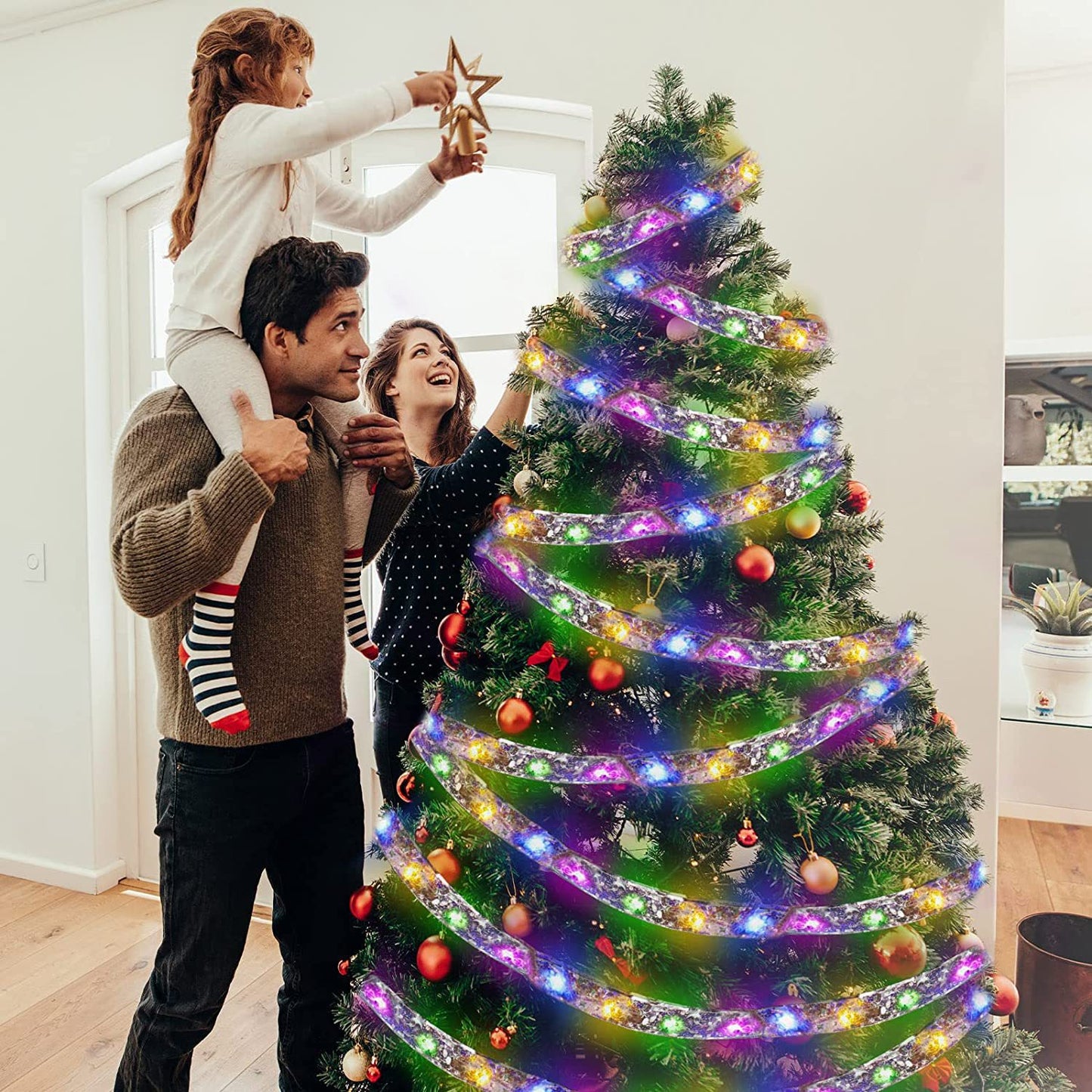 1pc Christmas Tree Ribbon String Lights, 20 LEDs Battery Powered Led Lights For Christmas Tree Indoor And Outdoor Christmas Decorations, Party Weddings Xmas Tree Holiday