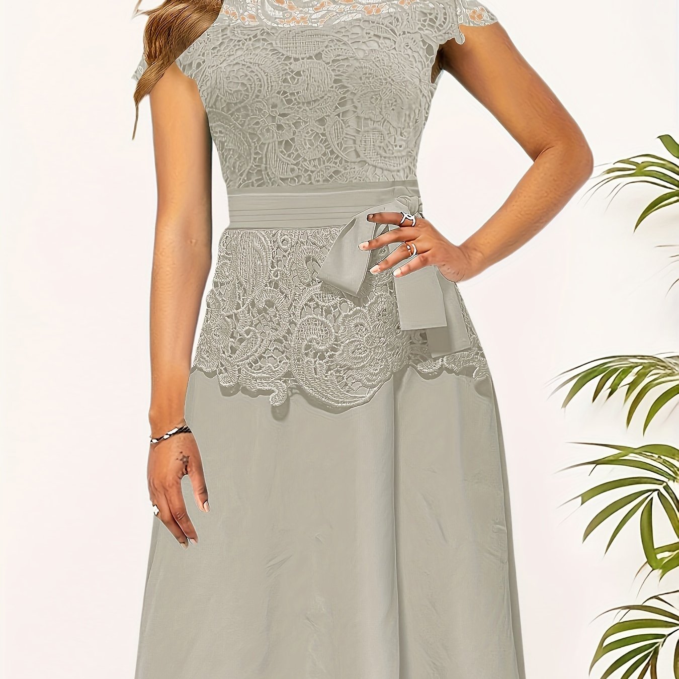 Women's Elegant Contrast Lace Panel A-Line Dress - Round Neck Short Sleeve Flared Skirt, Machine Washable Solid Black for Spring/Fall Casual & Formal Occasions, Spring Fall Attire, Sophisticated Tailoring