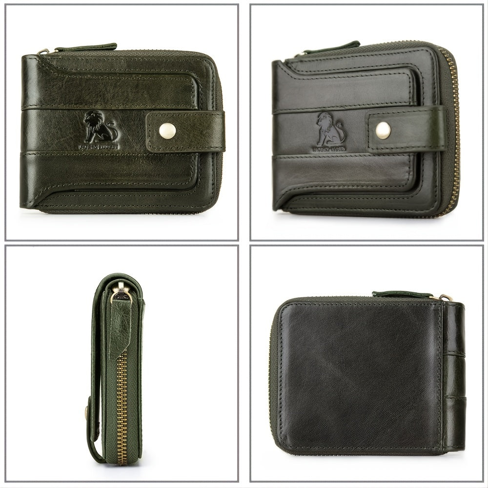 Men's Retro Genuine Leather Multi-Card Wallet with Zip, Large Capacity, Anti-Theft