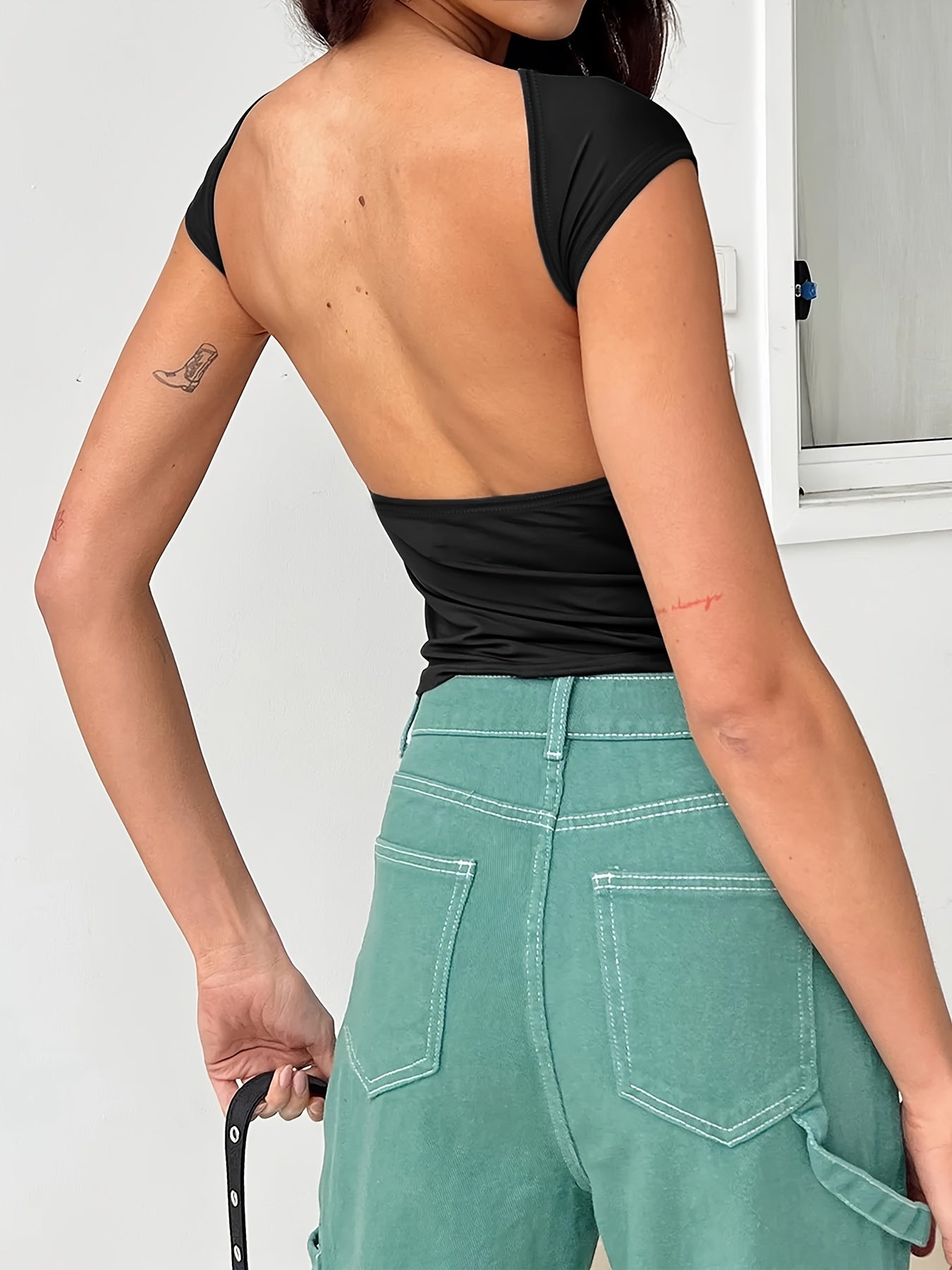 Y2K Solid Backless T-shirt, Sexy Cap Sleeve Crew Neck Slim Versatile T-shirt, Women's Clothing
