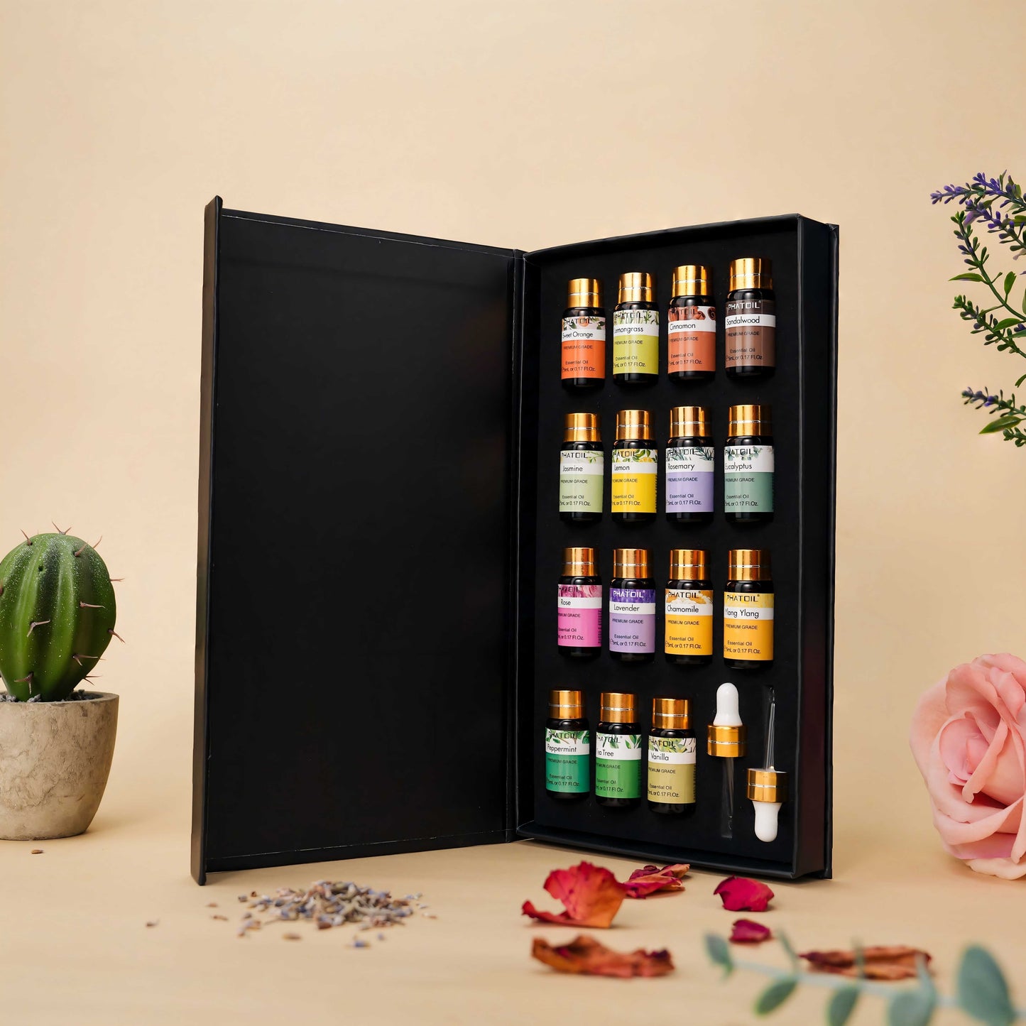 1pc Premium Essential Oils Set, Oils Gift Set 15pcsx0.17oz For Diffuser, Humidifier, Eucalypltus Ylang Ylang Vanilla Cinnamon Lavender Orange Sandalwood Lemon Lemongrass Rose Tea Tree Jasmine Chamomile Rosemary Peppermint