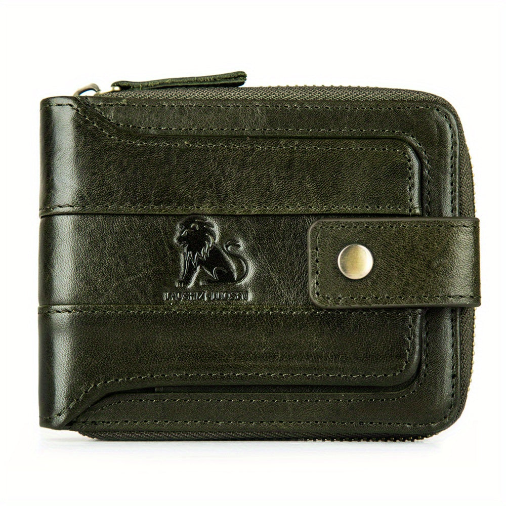 Men's Retro Genuine Leather Multi-Card Wallet with Zip, Large Capacity, Anti-Theft