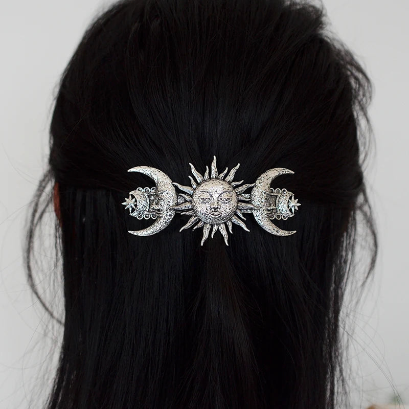 Witch Sun Crescent Moon Celestial French Barrette Pagan Triple Moon Hairclip Hairpin for women Occult Pagan Hair Jewelry