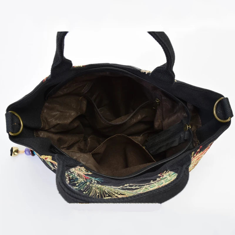 Women Shoulder Bag Handmade Shiny Peacock Embroidered Bohemia Handbag Retro Large Capacity Canvas Tote Shopping Messenger Purse