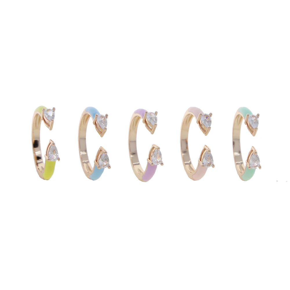 Colorful Pastel Enamel Band Ring For Women 2025 Summer Hot Selling Double Tear Drop CZ Design Lovely Open Adjusted Finger Rings