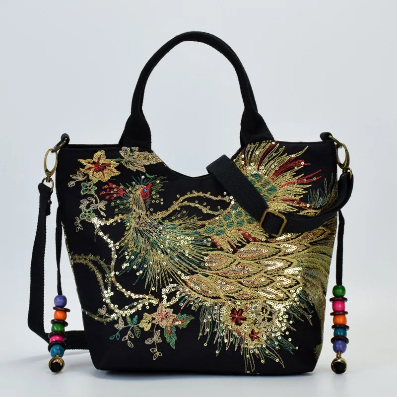 Women Shoulder Bag Handmade Shiny Peacock Embroidered Bohemia Handbag Retro Large Capacity Canvas Tote Shopping Messenger Purse