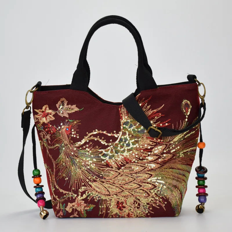 Women Shoulder Bag Handmade Shiny Peacock Embroidered Bohemia Handbag Retro Large Capacity Canvas Tote Shopping Messenger Purse