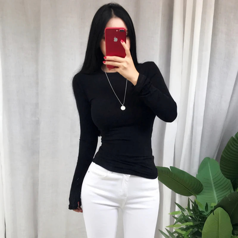 Summer Top Long Sleeve Korean Style Spring Fall Sexy T Shirt Women 2024 Fashion Elasticity Woman Clothes Slim Tees Tops Femme