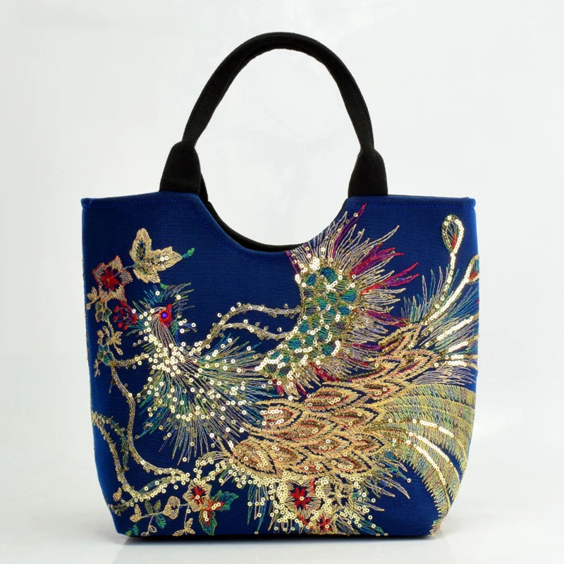 Women Shoulder Bag Handmade Shiny Peacock Embroidered Bohemia Handbag Retro Large Capacity Canvas Tote Shopping Messenger Purse