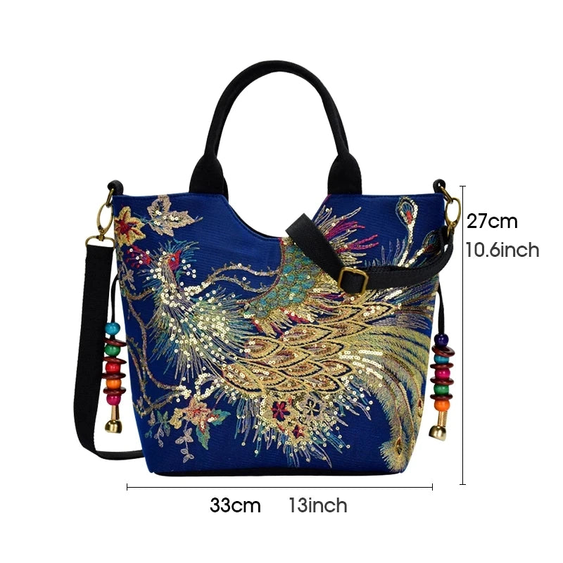 Women Shoulder Bag Handmade Shiny Peacock Embroidered Bohemia Handbag Retro Large Capacity Canvas Tote Shopping Messenger Purse