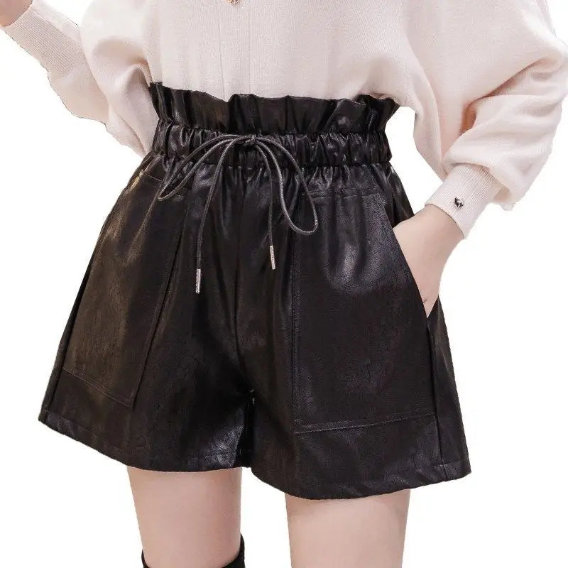 New High Waist Laced Up Shorts Flower Bud Wide Leg Leather Shorts Autumn Winter Korean Loose High Street Black Sexy Women Shorts