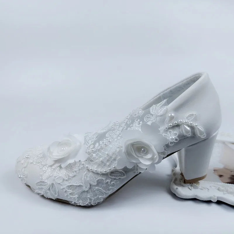 2024 New Customize wedding shoes Bridesmaid Dress shoes Thick Heeled Med Heel Shoes white Lace shoes flower female shoes