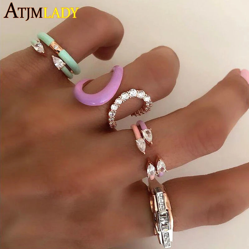 Colorful Pastel Enamel Band Ring For Women 2025 Summer Hot Selling Double Tear Drop CZ Design Lovely Open Adjusted Finger Rings